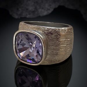 VTG BRUSHED SILVER CUSHION CUT NATURAL STONE AMETHYST RING &NECKLACE LOT Sz 7.75